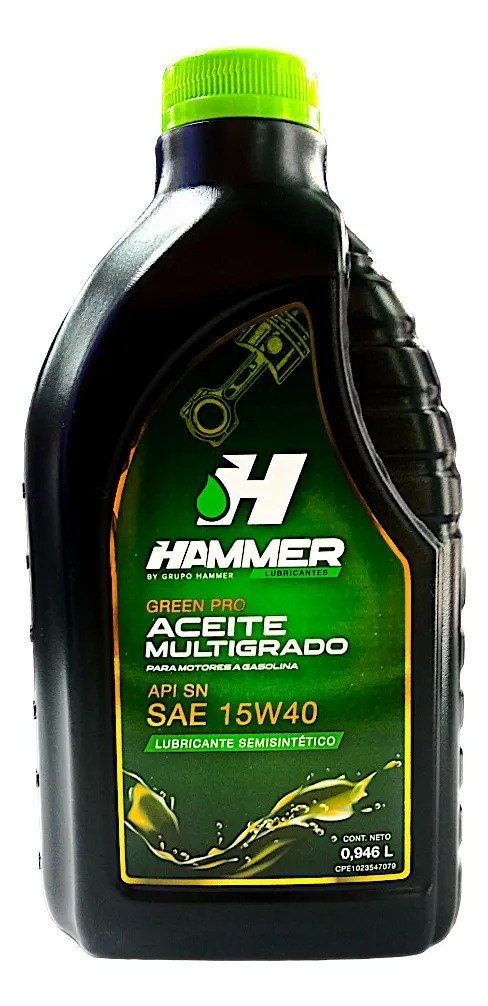 Imagen del Producto: ACEITE SEMISINTETICO MULTIGRADO HAMMER SAE 15W40 API SN 0.946L GREEN PRO en Area Electric