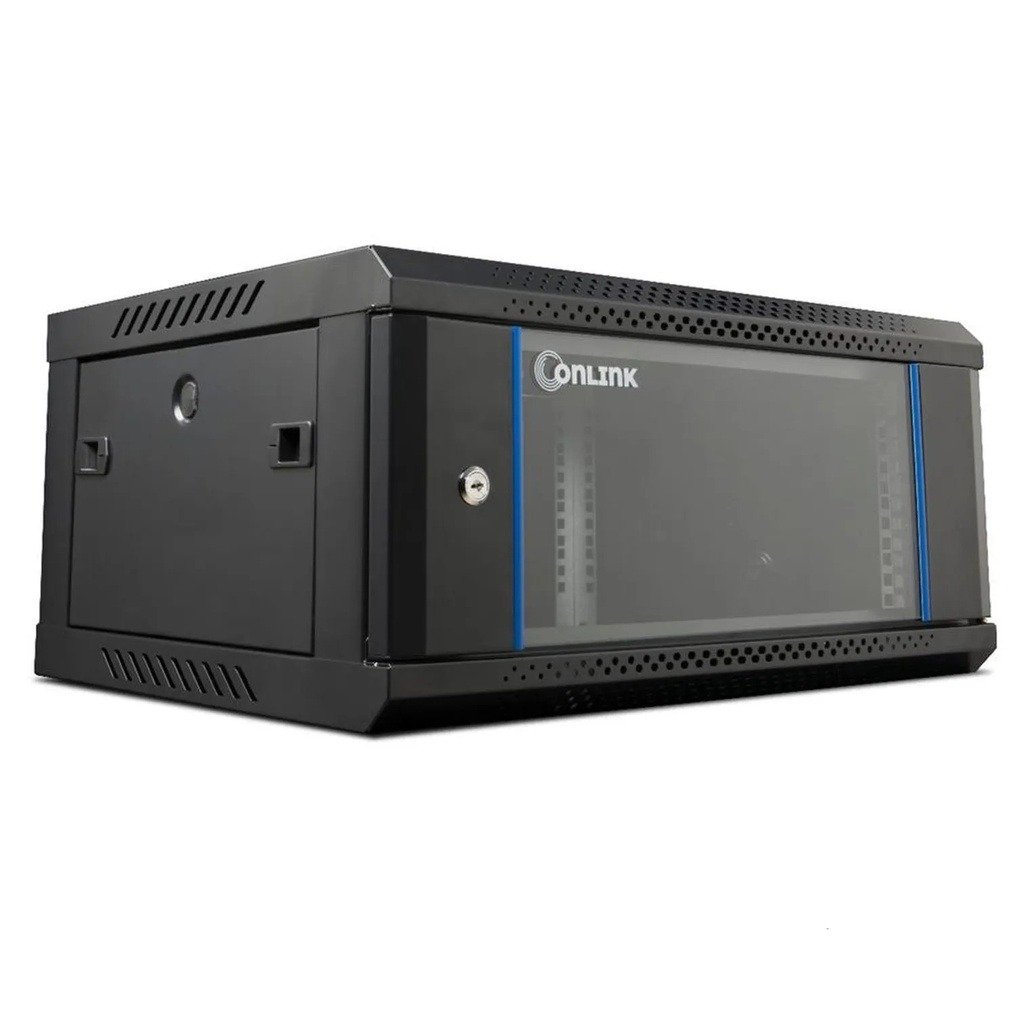 Imagen del Producto: Rack de Pared Cerrado Fijo Onlink 4U 600x450x280mm con Puerta de Vidrio, Incluye 3 Cerraduras en Area Electric