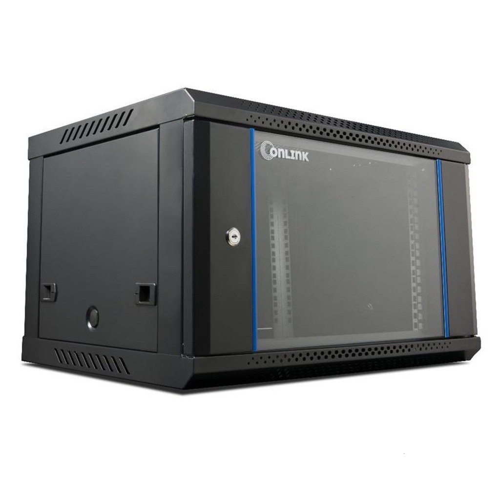 Imagen del Producto: Rack de Pared Cerrado Fijo Onlink 6U 600x 450x368mm con Puerta de Vidrio, Incluye 3 Cerraduras en Area Electric