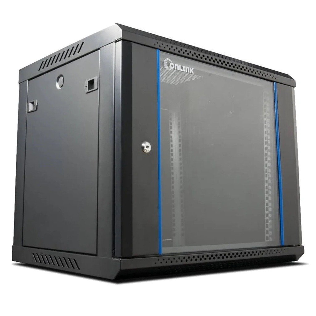 Imagen del Producto: Rack de Pared Cerrado Fijo Onlink 9U 600x450x501mm con Puerta de Vidrio, Incluye 3 Cerraduras en Area Electric
